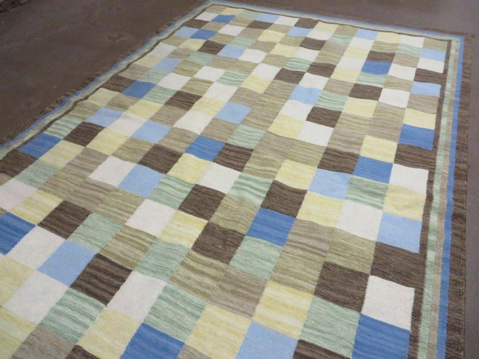 5' X 8' Hand-knotted Kilim Dhurrie Wool Cotton Rug Flat Weave Carpet Checkered Pattern Colorful Multicolor - Nuvé