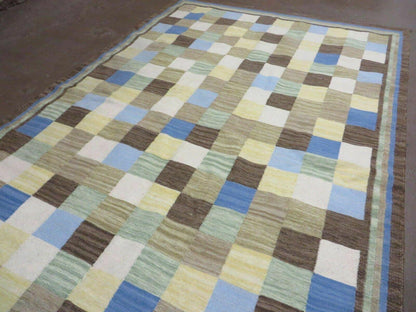 5' X 8' Hand-knotted Kilim Dhurrie Wool Cotton Rug Flat Weave Carpet Checkered Pattern Colorful Multicolor - Nuvé