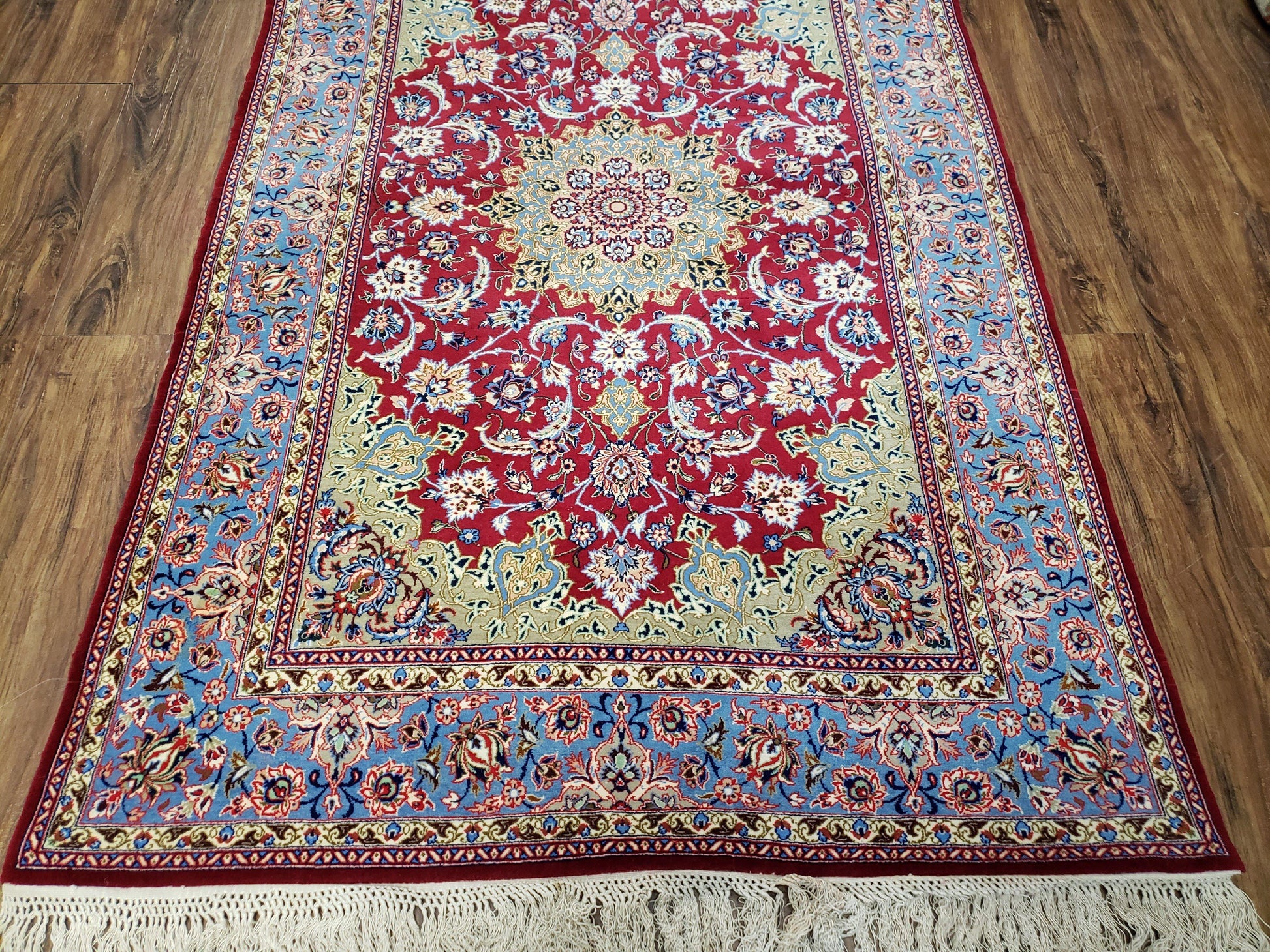 Semi Antique Persian Isfahan Rug, Kork Wool on Silk Foundation, Red & Blue, Top Quality, 3'6" x 5' 6" - Nuvé