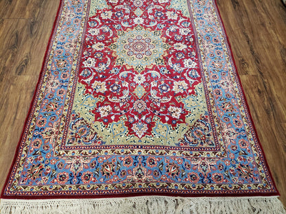 Semi Antique Persian Isfahan Rug, Kork Wool on Silk Foundation, Red & Blue, Top Quality, 3'6" x 5' 6" - Nuvé