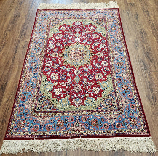 Semi Antique Persian Isfahan Rug, Kork Wool on Silk Foundation, Red & Blue, Top Quality, 3'6" x 5' 6" - Nuvé