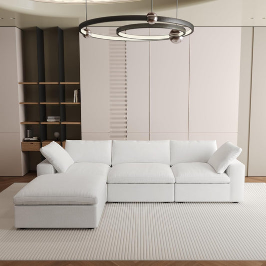 Nuvé® Solace Modular Bouclé Cloud Sofa - Snow White - 3-Seater Sectional Sofa with Ottoman - Nuvé