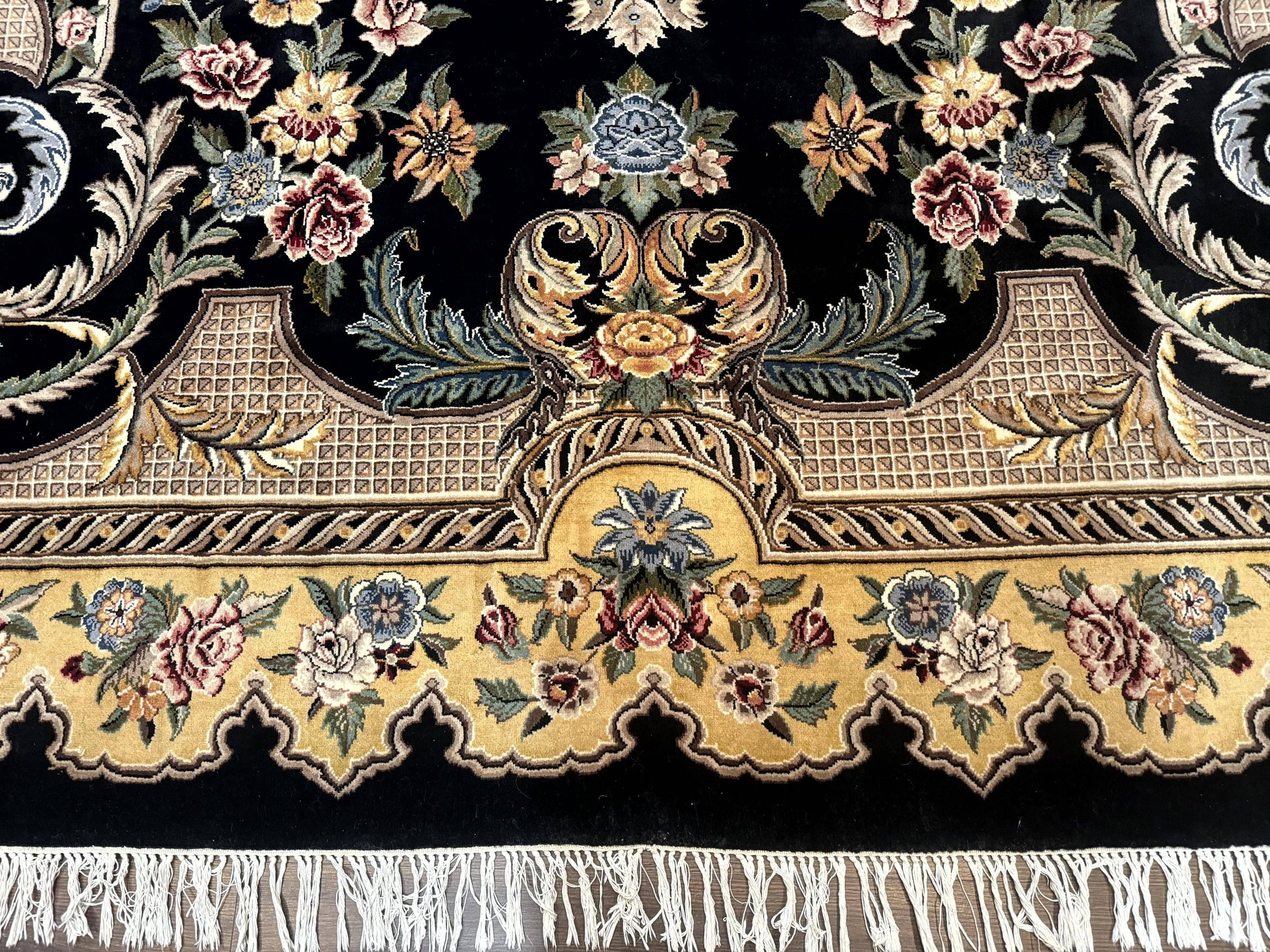 Aubusson Rug 9x12, Black and Beige, Floral, Elegant Handmade French European Design Carpet - Nuvé