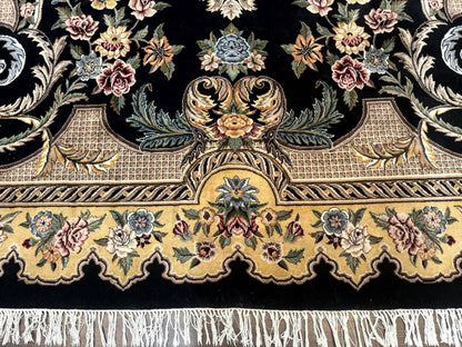 Aubusson Rug 9x12, Black and Beige, Floral, Elegant Handmade French European Design Carpet - Nuvé