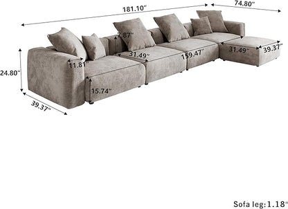 Kanso Corduroy Modular Bouclé Cloud Couch - Brown - 4-Seater Sectional Sofa with Ottoman - Nuvé