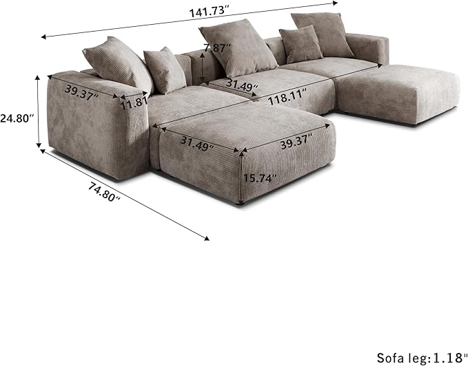 Kanso Corduroy Modular Bouclé Cloud Couch - Brown - 3-Seater Sectional Sofa with 2 Ottomans - Nuvé