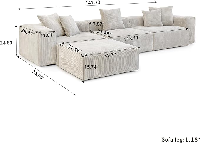 Kanso Corduroy Modular Bouclé Cloud Couch - Beige - 3-Seater Sectional Sofa with Ottoman - Nuvé