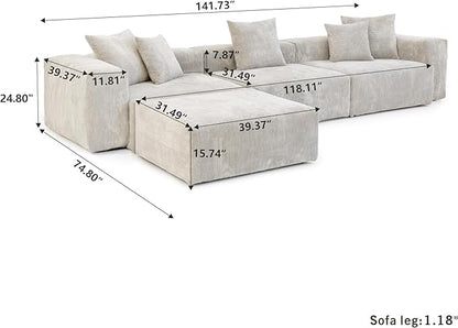 Kanso Corduroy Modular Bouclé Cloud Couch - Beige - 3-Seater Sectional Sofa with Ottoman - Nuvé