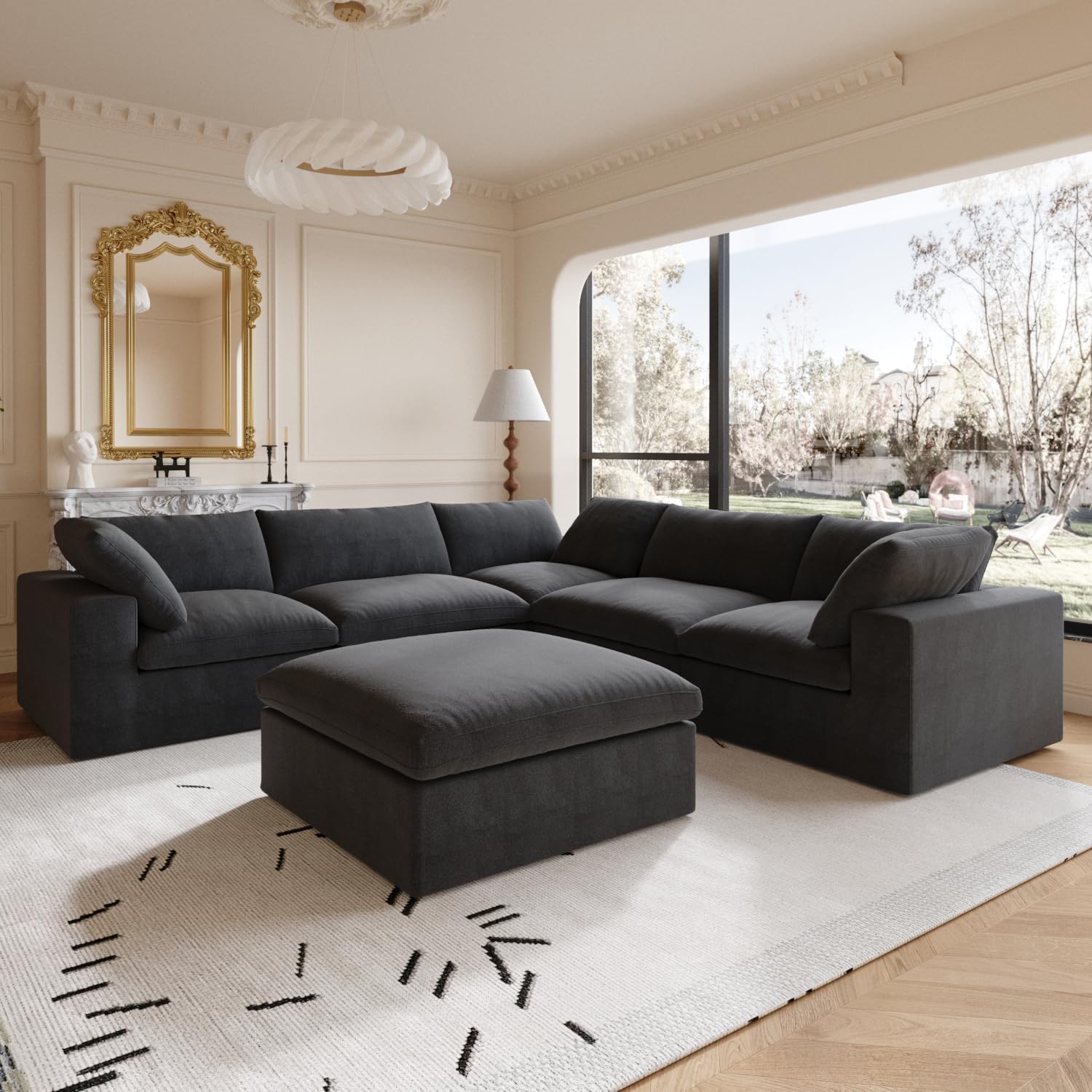 Nuvé® Solace Modular Bouclé Cloud Sofa - Obsidian Black - 5-Seater Corner + Ottoman - Nuvé
