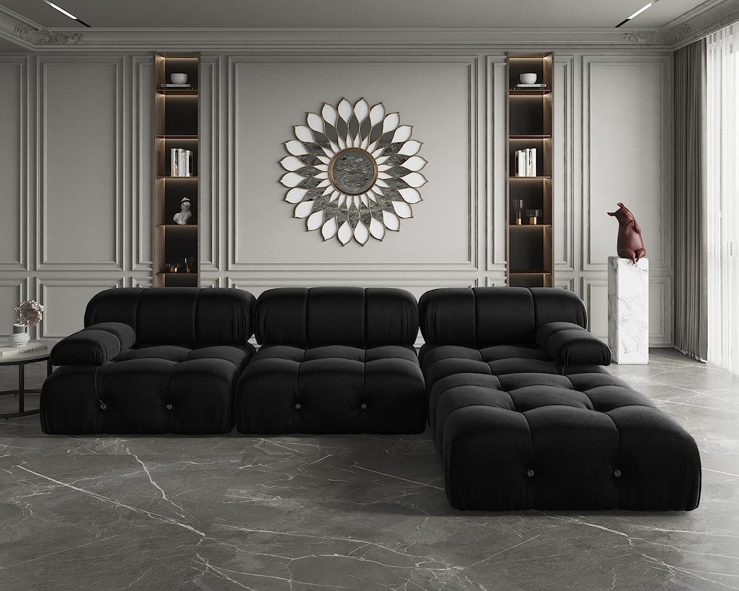 Nuvé® Takumi Velvet Modular Bouclé Cloud Sofa - Black - 3-Seater Sofa with 1 Ottoman - Nuvé