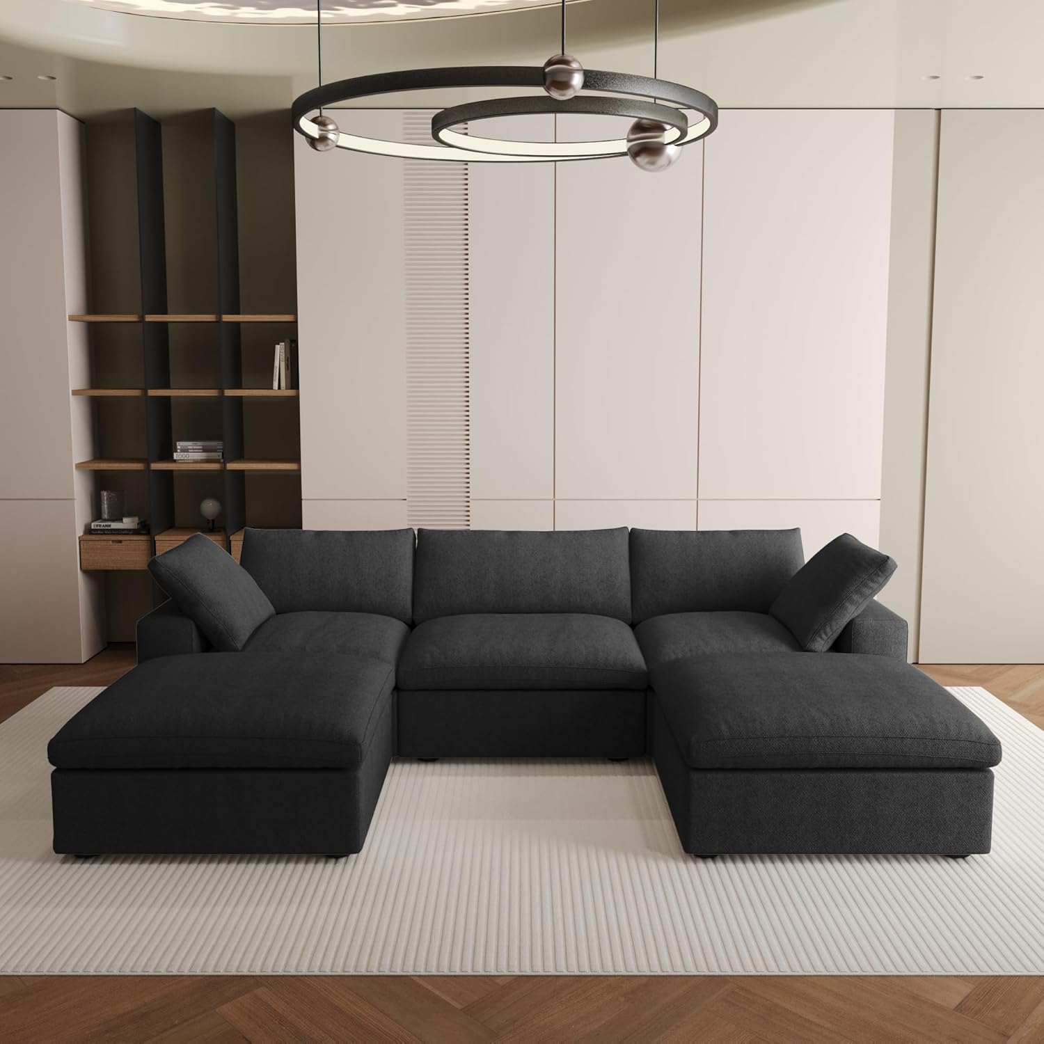 Nuvé® Solace Modular Bouclé Cloud Sofa - Obsidian Black - 3-Seater Sectional Sofa with 2 Ottomans - Nuvé