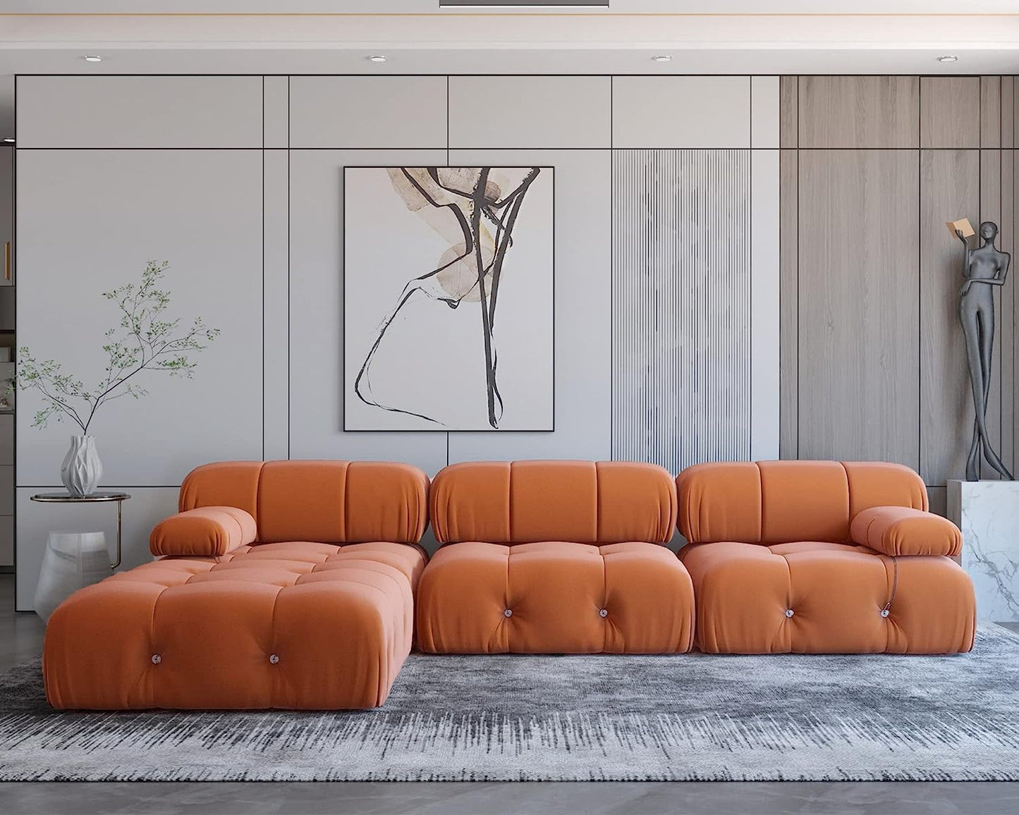 Nuvé® Takumi Velvet Modular Bouclé Cloud Sofa - Orange - 3-Seater Sofa with 1 Ottoman - Nuvé