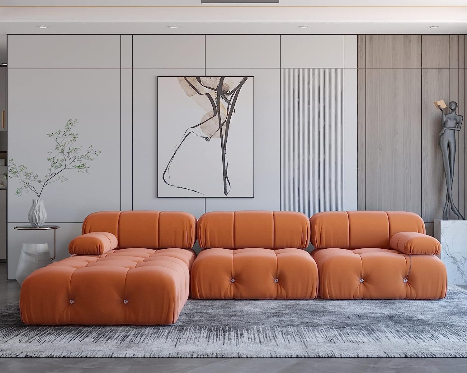 Nuvé® Takumi Velvet Modular Bouclé Cloud Sofa - Orange - 3-Seater Sofa with 1 Ottoman - Nuvé