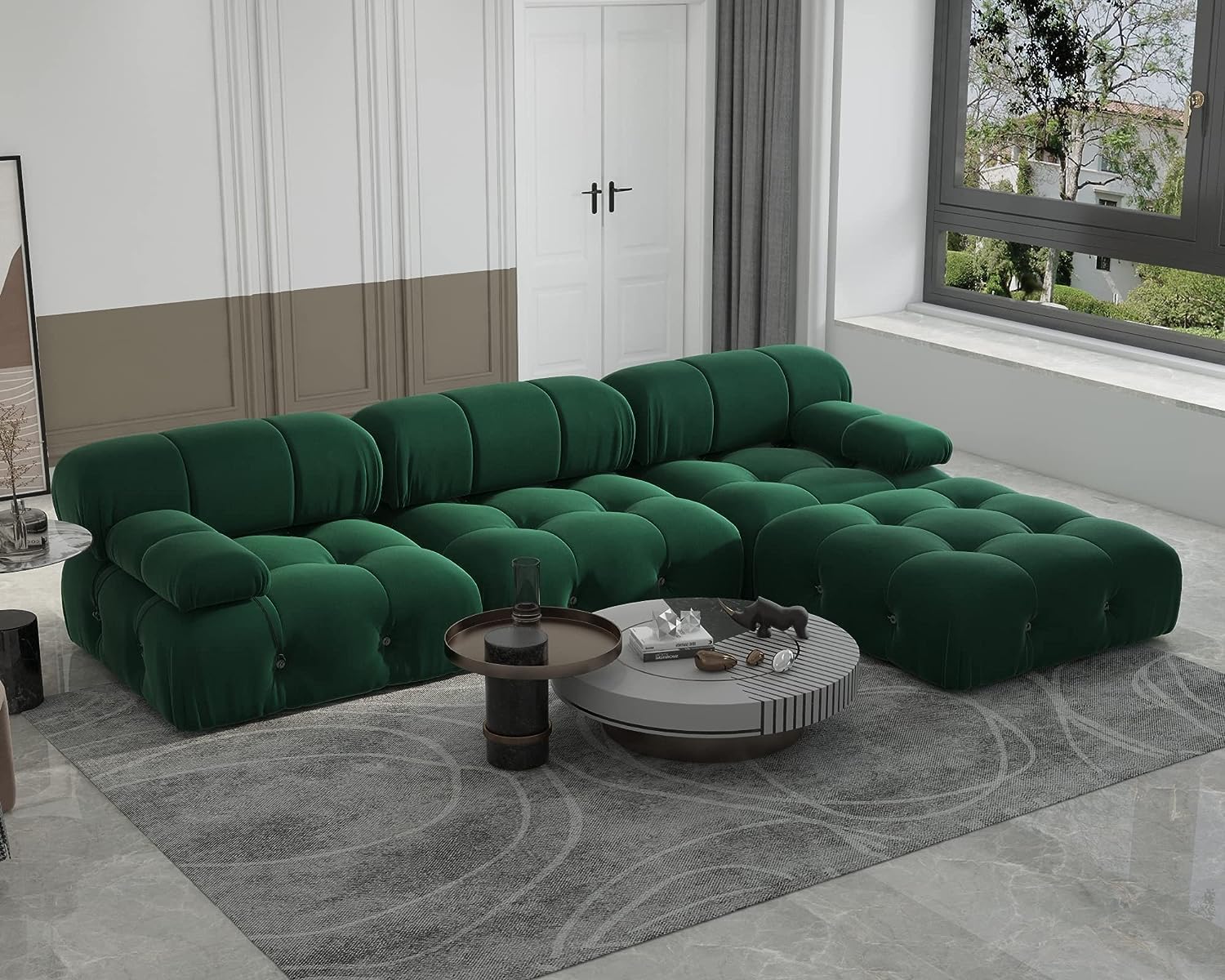 Nuvé® Takumi Velvet Modular Bouclé Cloud Sofa - Green - 3-Seater Sofa with 1 Ottoman - Nuvé