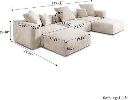 Kanso Corduroy Modular Bouclé Cloud Couch - Beige - 3-Seater Sectional Sofa with 2 Ottomans - Nuvé