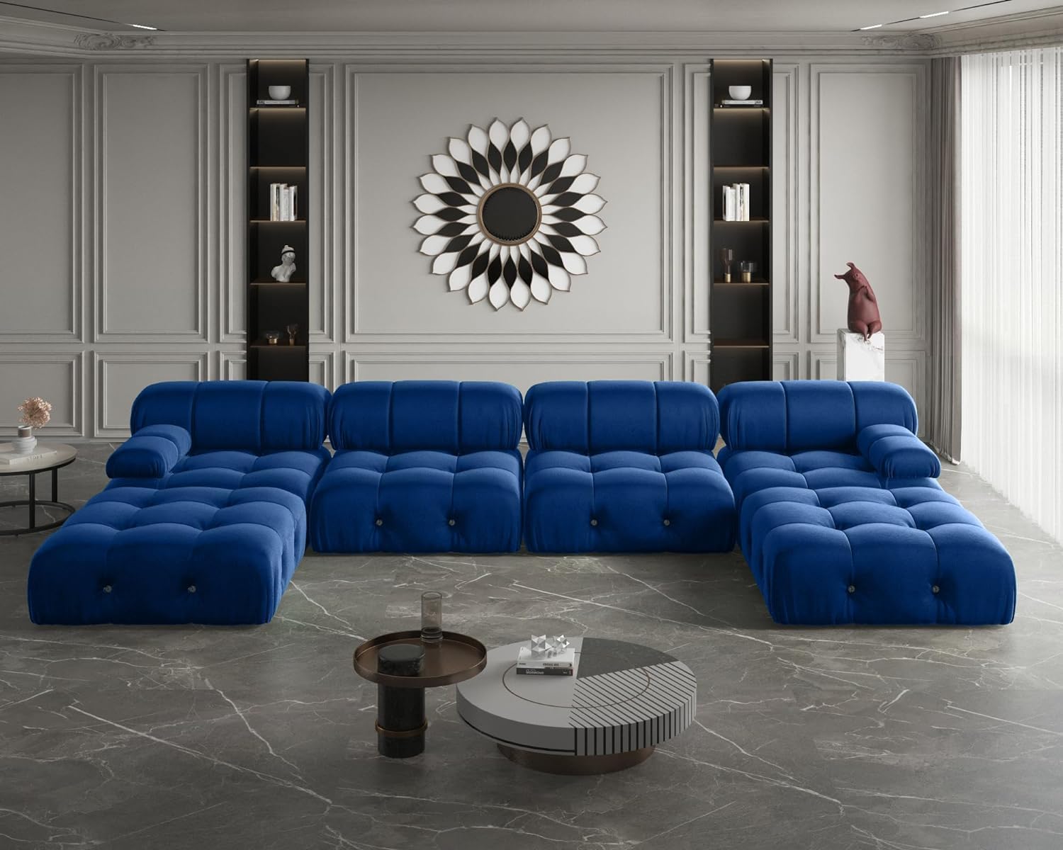 Nuvé® Takumi Velvet Modular Bouclé Cloud Sofa - Blue - 3-Seater Sofa with 2 Ottoman - Nuvé