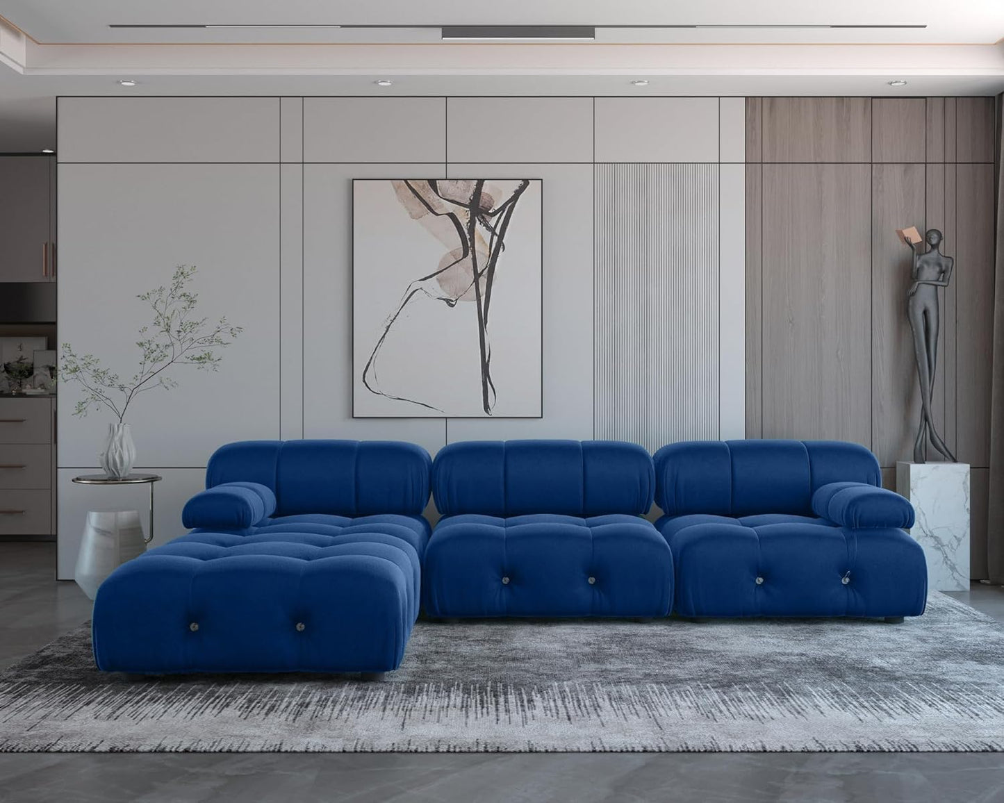 Nuvé® Takumi Velvet Modular Bouclé Cloud Sofa - Blue - 3-Seater Sofa with 1 Ottoman - Nuvé