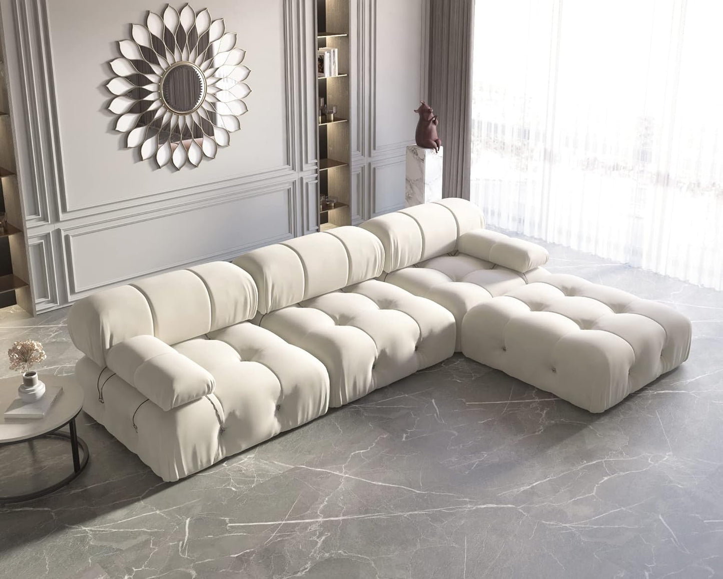 Nuvé® Takumi Velvet Modular Bouclé Cloud Sofa - Beige - 3-Seater Sofa with 1 Ottoman - Nuvé