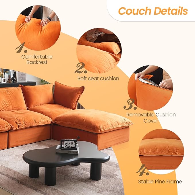 Sabi Modular Boucle Cloud Sofa - Orange - 4-Seater Sectional Sofa with Ottoman - Nuvé