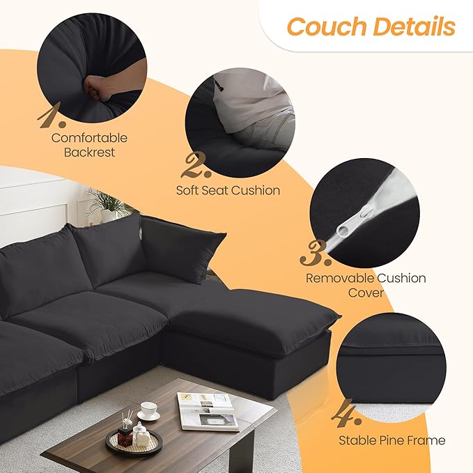 Sabi Modular Boucle Cloud Sofa - Obsidian Black - 3-Seater Sectional Sofa with Ottoman - Nuvé