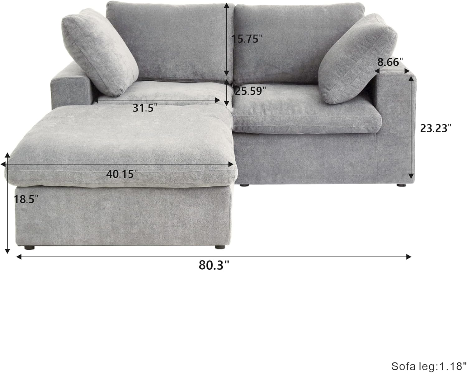 Nuvé® Solace Modular Bouclé Cloud Sofa - Space Grey - 2-Seater Sectional Sofa with Ottoman - Nuvé