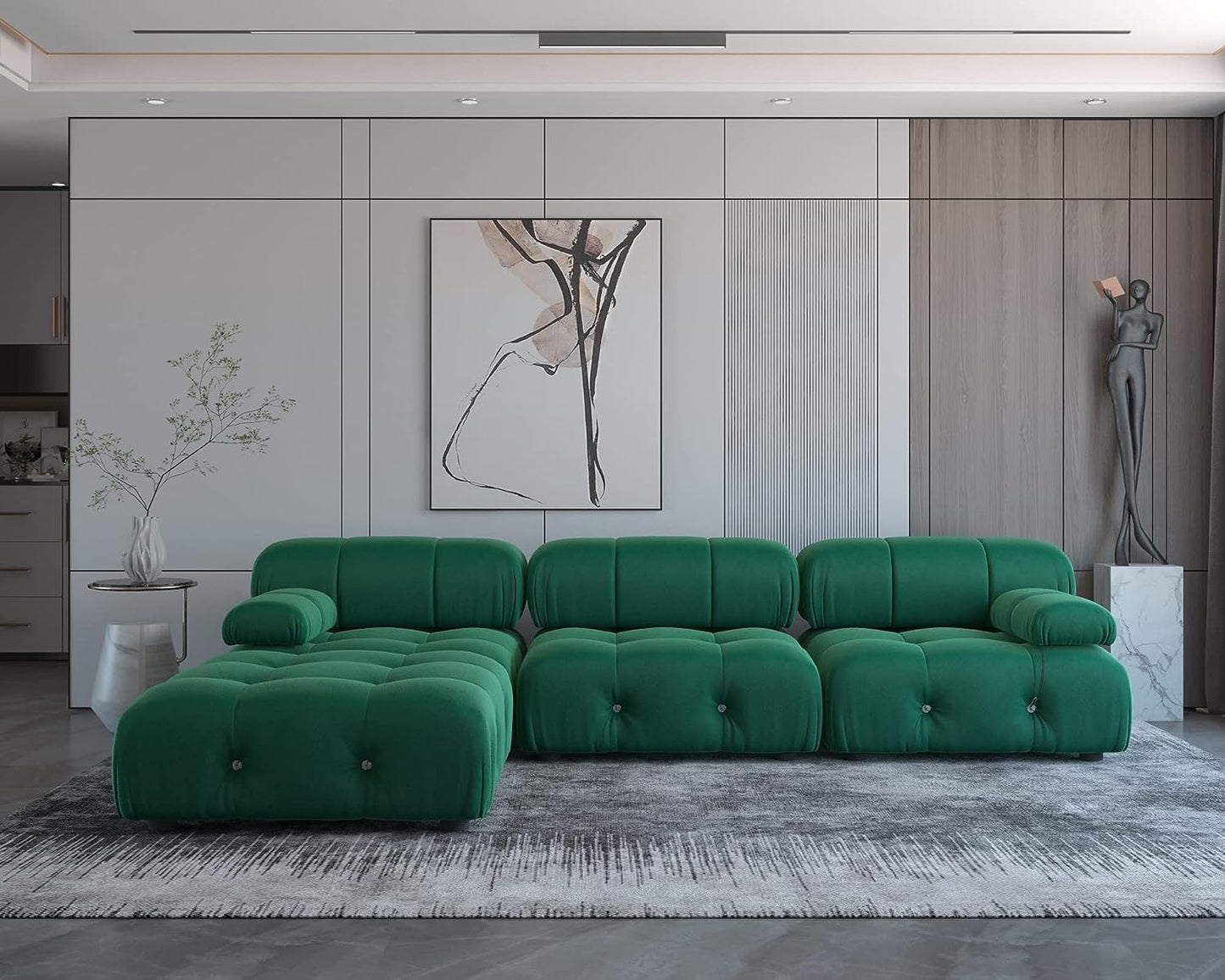 Nuvé® Takumi Velvet Modular Bouclé Cloud Sofa - Green - 3-Seater Sofa with 1 Ottoman - Nuvé