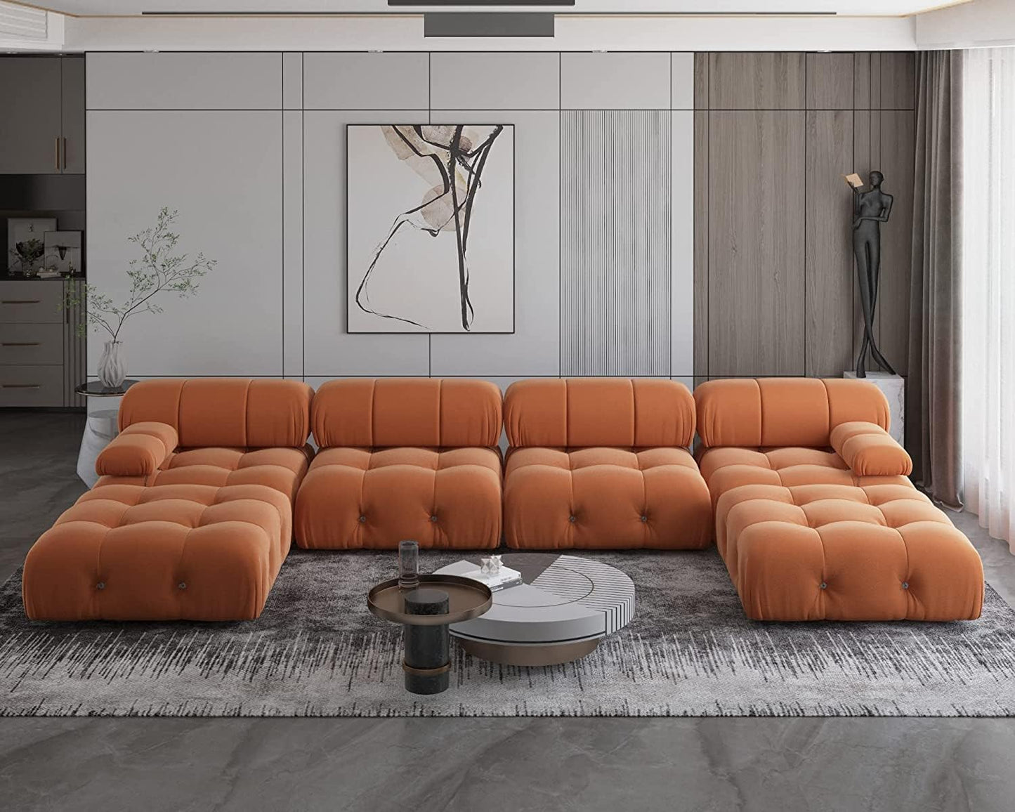 Nuvé® Takumi Velvet Modular Bouclé Cloud Sofa - Orange - 3-Seater Sofa with 2 Ottoman - Nuvé