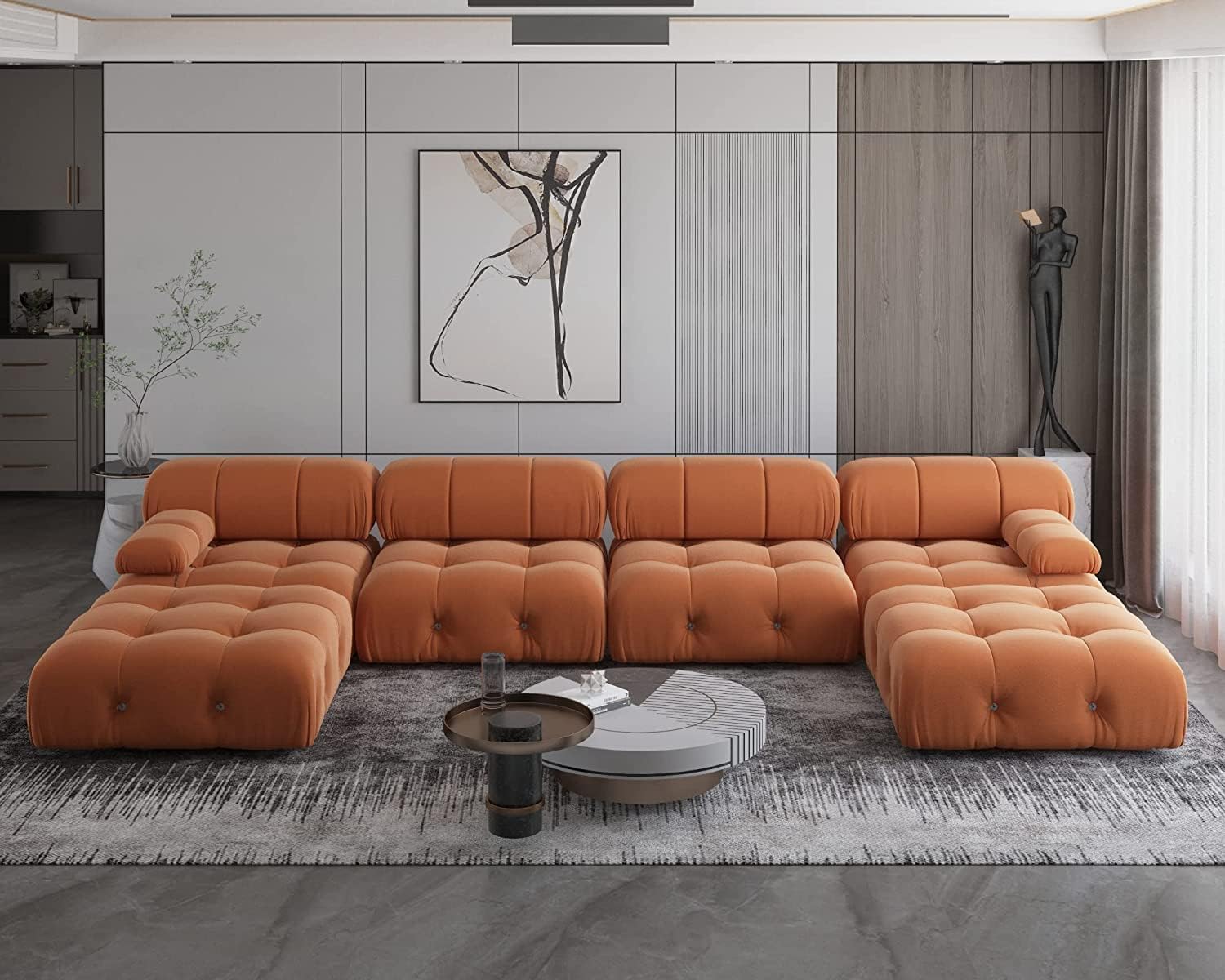 Nuvé® Takumi Velvet Modular Bouclé Cloud Sofa - Orange - 3-Seater Sofa with 2 Ottoman - Nuvé