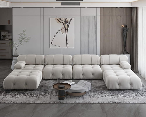 Nuvé® Takumi Velvet Modular Bouclé Cloud Sofa - Beige - 3-Seater Sofa with 2 Ottoman - Nuvé