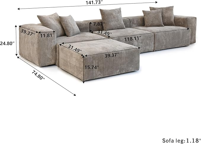 Kanso Corduroy Modular Bouclé Cloud Couch - Brown - 3-Seater Sectional Sofa with Ottoman - Nuvé