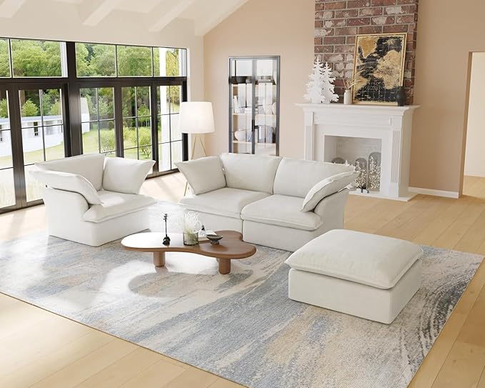 Sabi Modular Boucle Cloud Sofa - Snow White - 5-Seater Sectional Sofa with Ottoman - Nuvé