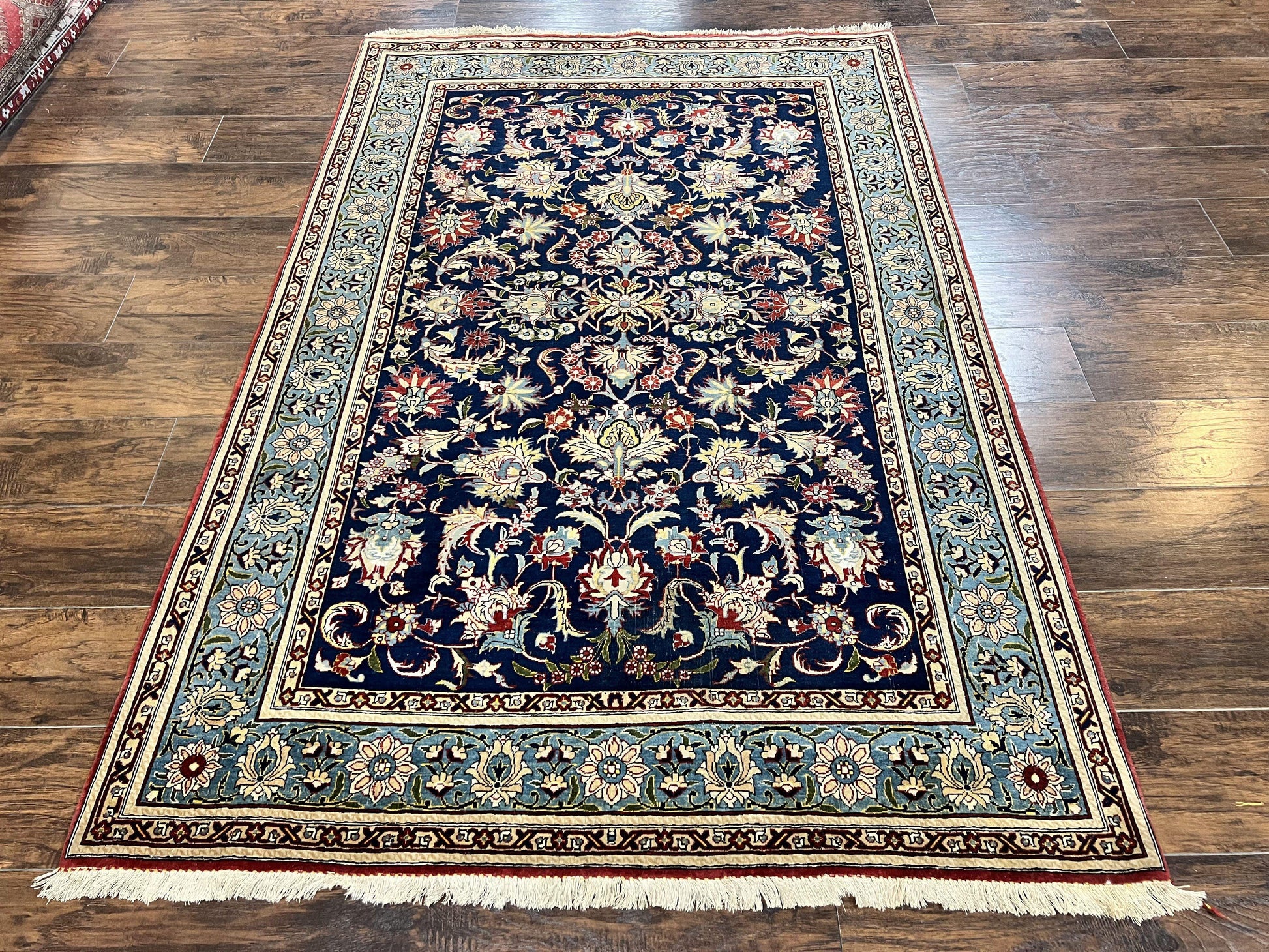 Blue Persian Qum Rug 5x7, Very Fine and Wonderful Authentic Persian Carpet, Wool Hand Knotted Vintage Semi Antique Oriental Rug, Floral, Ghom Qom Rug - Nuvé