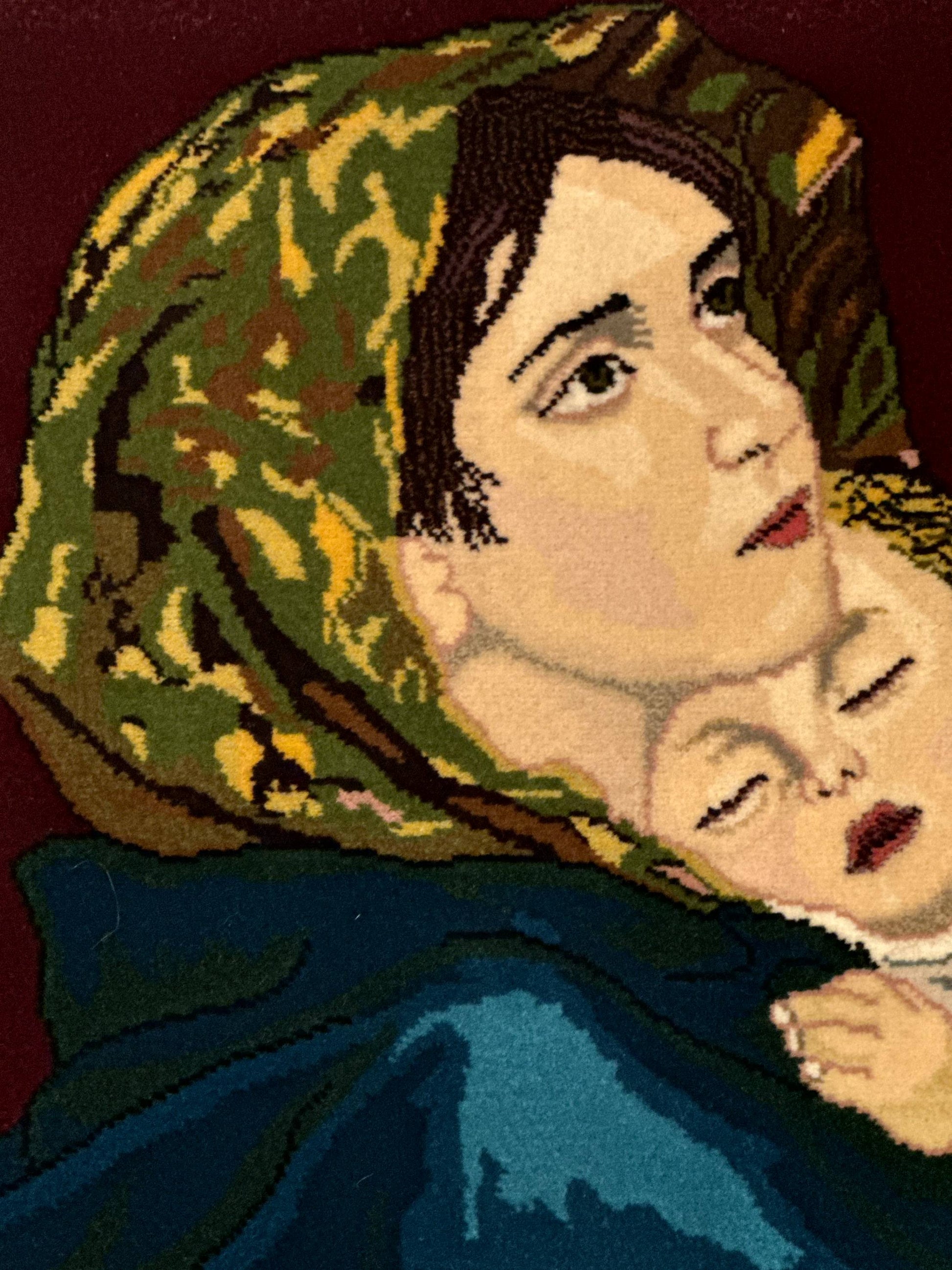 Small Persian Tabriz Pictorial Rug 2x2, Mother Holding Child, Very Fine 340 KPSI, Maroon - Nuvé