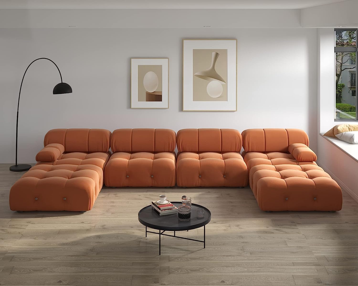 Nuvé® Takumi Velvet Modular Bouclé Cloud Sofa - Orange - 3-Seater Sofa with 2 Ottoman - Nuvé