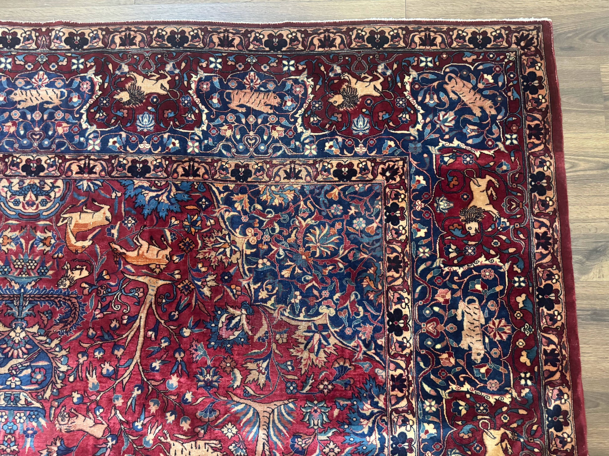 Antique Indo Persian Kerman Rug 9x12 Red Manchester Wool Animal Pictorials, Fine 290 KPSI - Nuvé