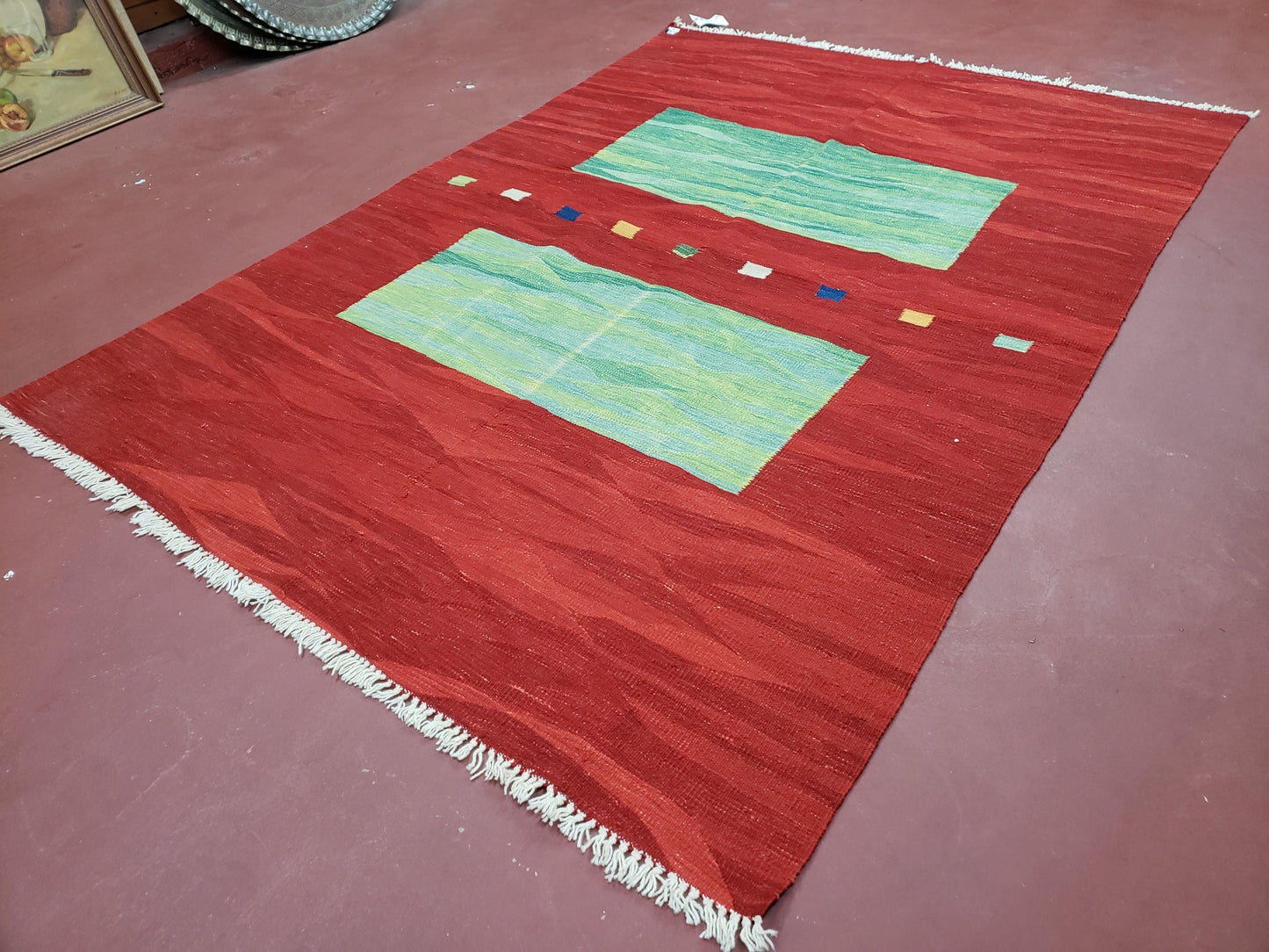 Red Turkish Kilim Rug, 5x7 - 6x8 Rugs, Red and Green Kilim Carpet, Kilim Area Rugs, Flatweave No Pile Rug, New Turkish Rug, Handmade Kilim - Nuvé