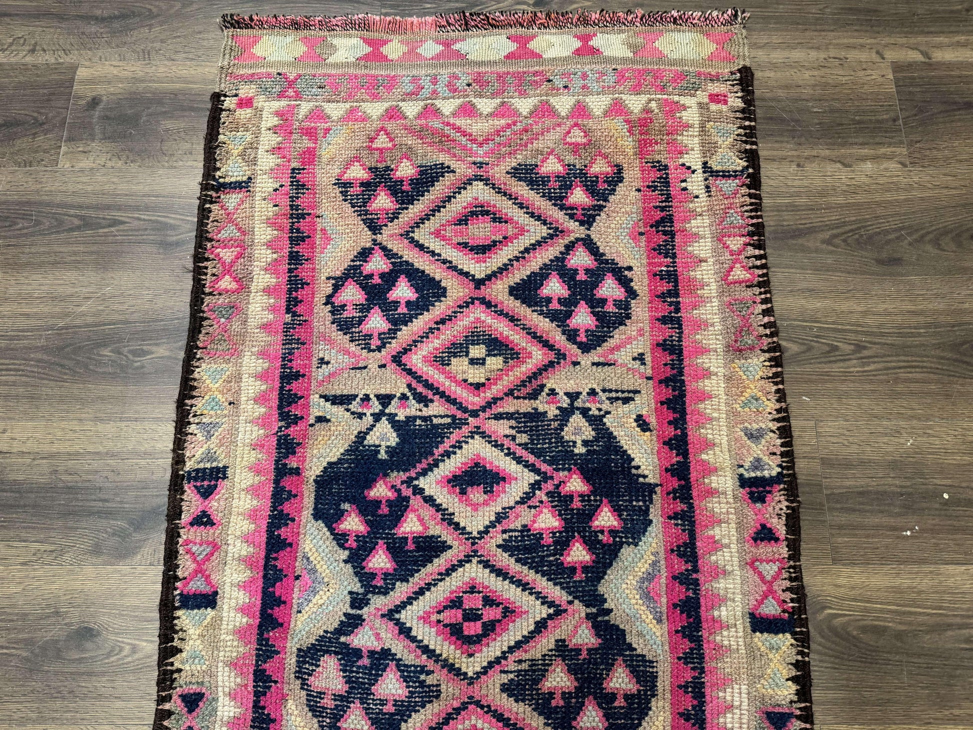 Turkish Runner Rug 3x10, Pink and Navy Blue, Bohemian Runner for Hallway or Kitchen, Vintage, Geometric, Tribal - Nuvé