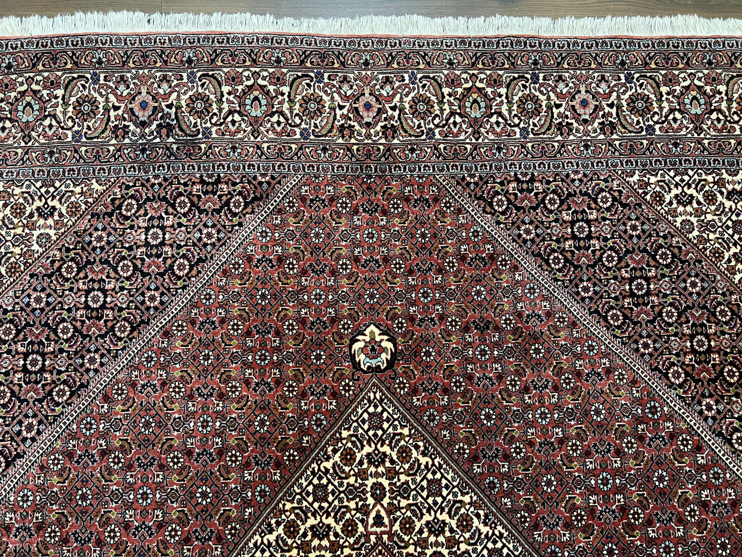 Wonderful Persian Bidjar Rug 7x8 ft, Almost Square Oriental Carpet, Herati Mahi, Highly Detailed, Ivory Red Navy Blue, Very Fine Handmade Bijar Rug - Nuvé