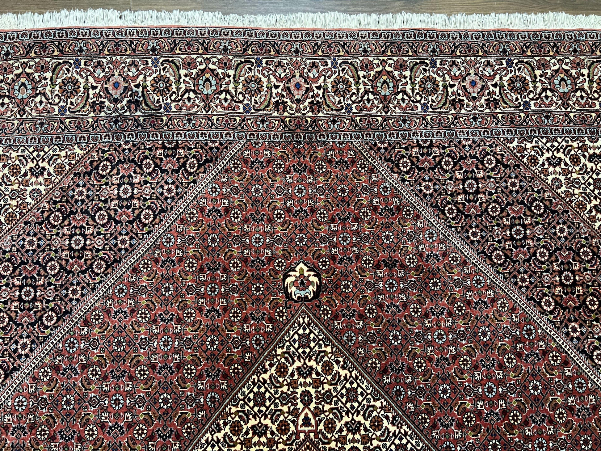 Wonderful Persian Bidjar Rug 7x8 ft, Almost Square Oriental Carpet, Herati Mahi, Highly Detailed, Ivory Red Navy Blue, Very Fine Handmade Bijar Rug - Nuvé