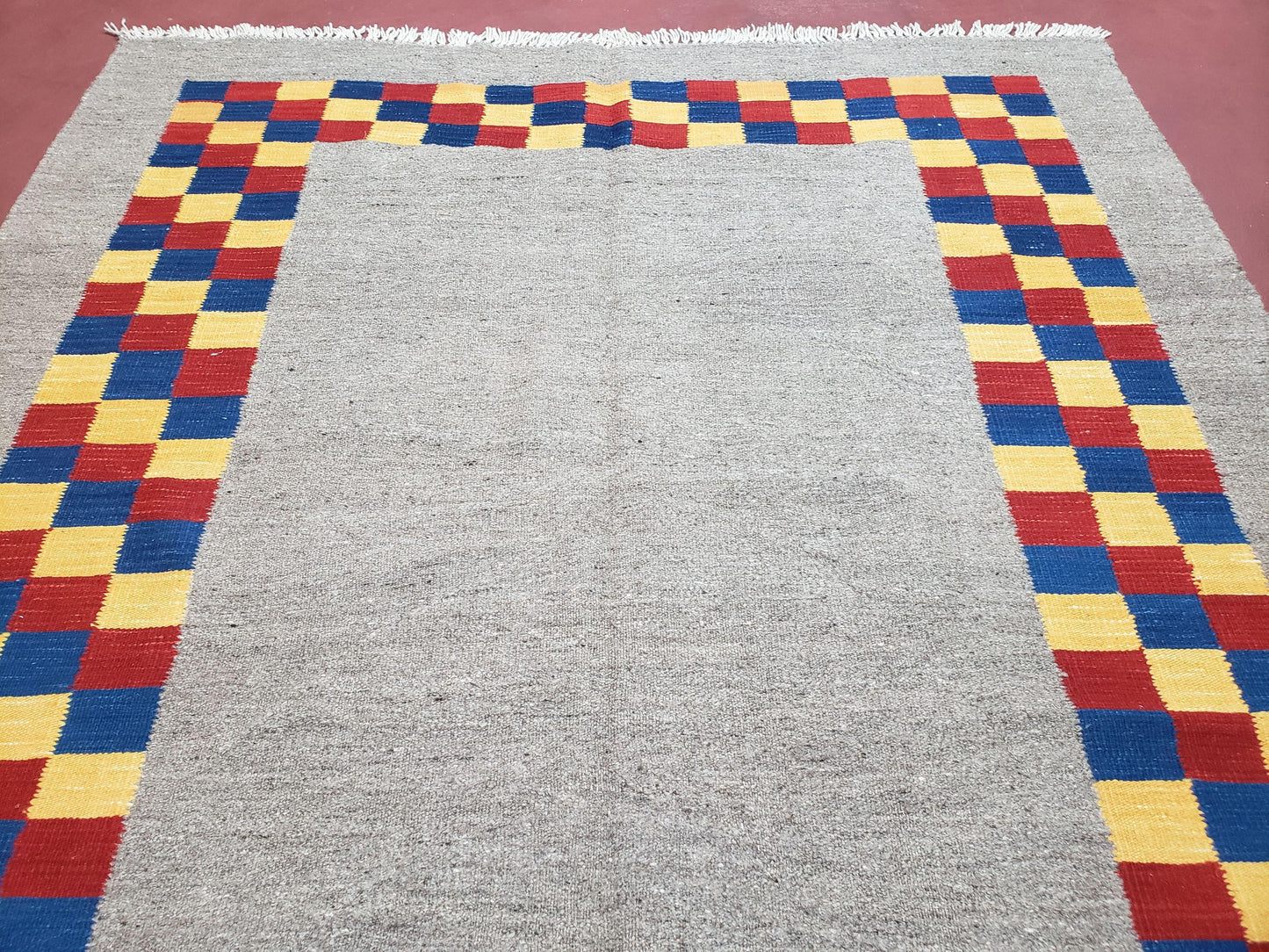 New Turkish Kilim Area Rug, Gray Carpet With Colorful Checker Border, 5'6" x 8", Flatweave Carpet, Playroom Rug, Kids Room Rug, Hand-Knotted - Nuvé