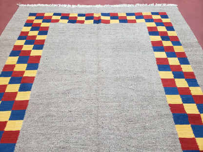 New Turkish Kilim Area Rug, Gray Carpet With Colorful Checker Border, 5'6" x 8", Flatweave Carpet, Playroom Rug, Kids Room Rug, Hand-Knotted - Nuvé