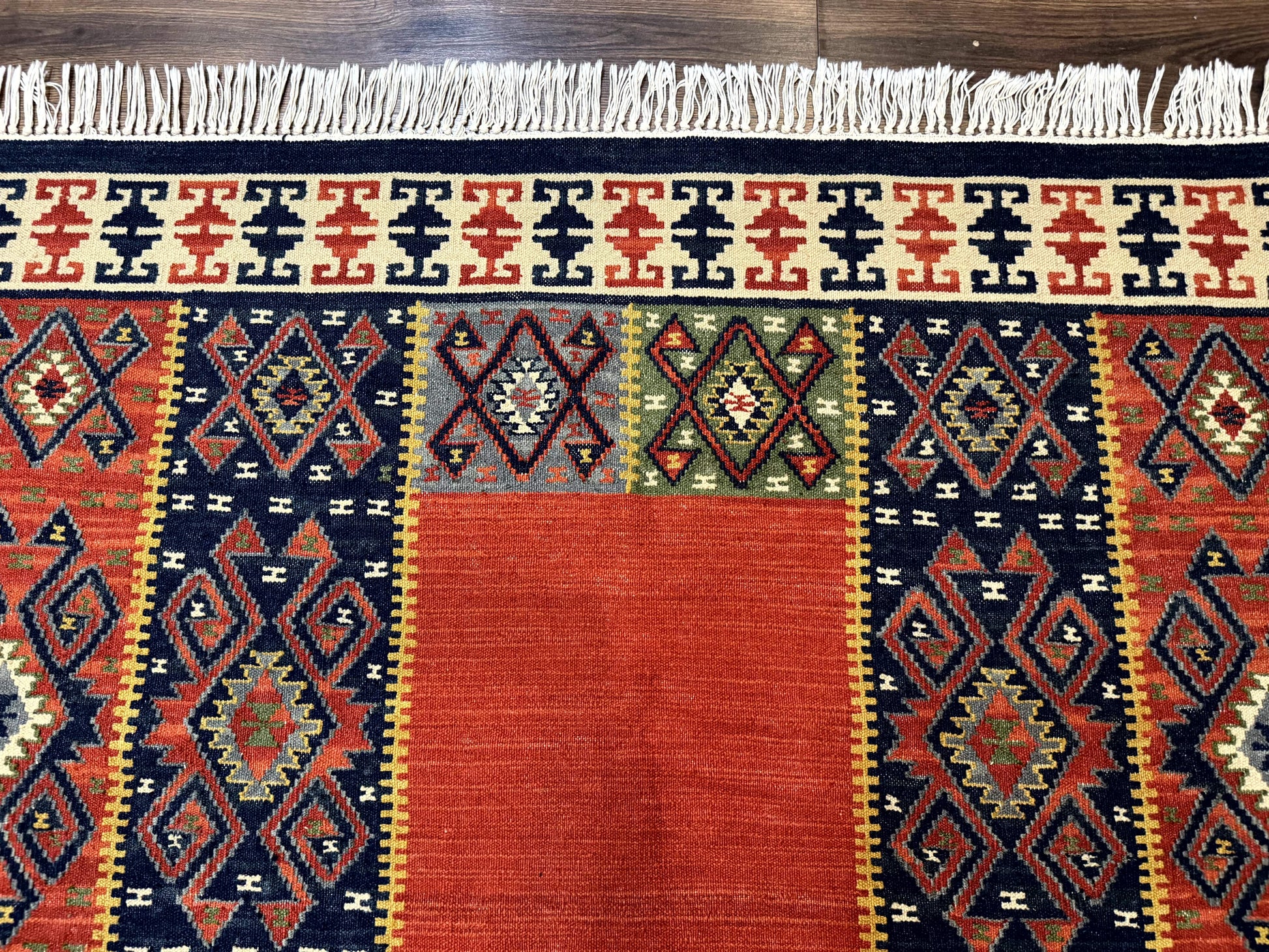 Turkish Kilim Rug 5x8, Flatweave Carpet, Handmade Bohemian Rug, Terracotta and Navy Blue - Nuvé