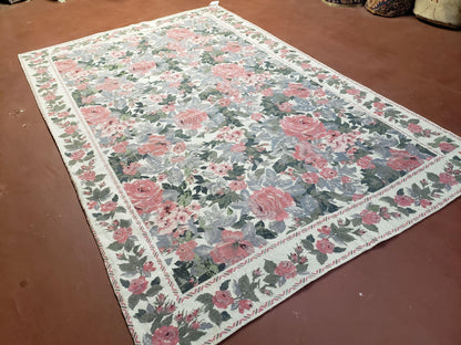 5x8 Needlepoint Rug 5' 4" x 8' 3" Wool Flat Weave Floral New Unused Carpet English Design Ivory Large Pink Flowers Green Leaves Hand-Knotted