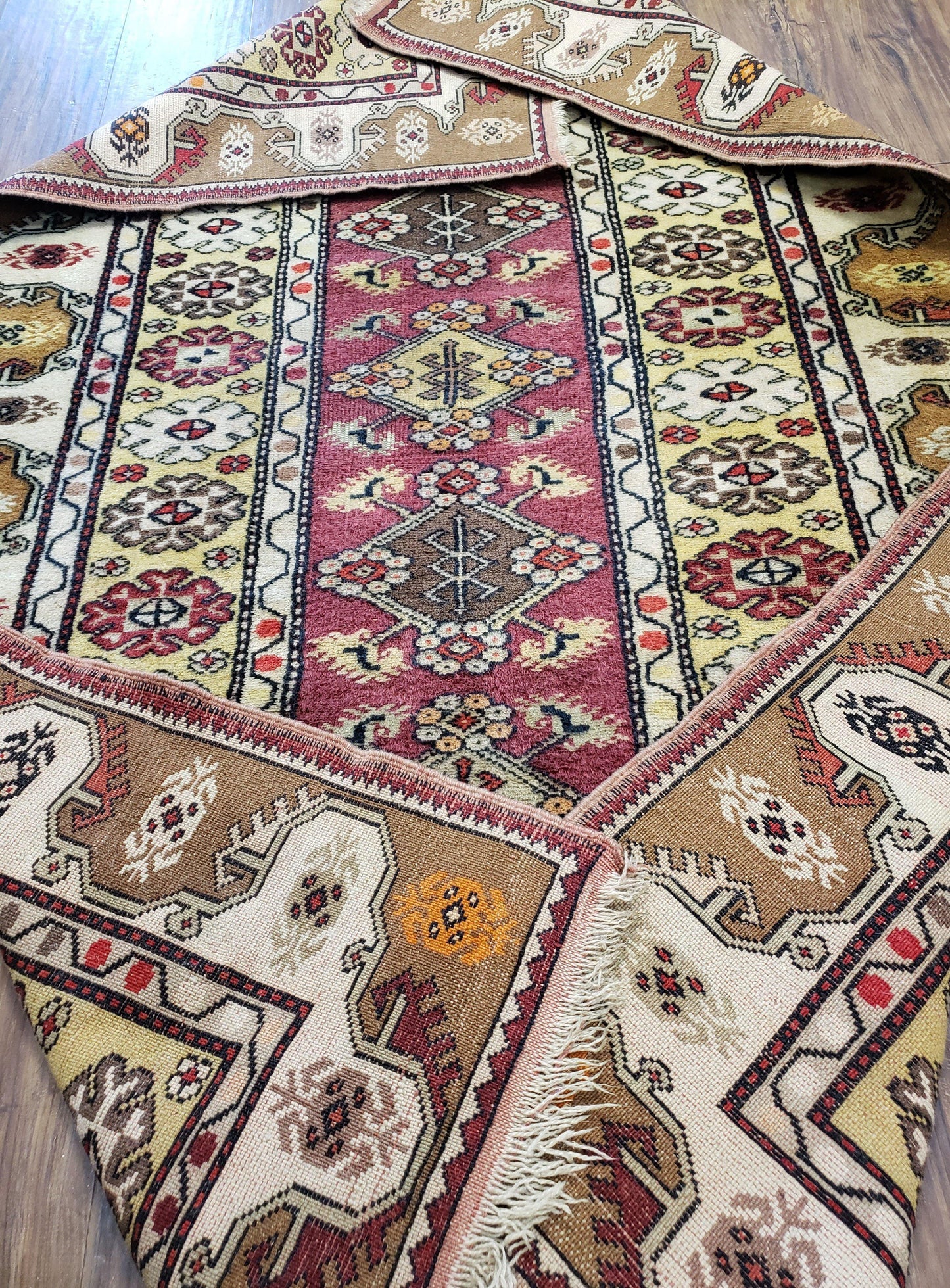 Turkish Caucasian Rug 4x7, Vintage Hand-Knotted Wool Turkish Talish Carpet 4 x 7, Cream, Burnt Orange Carmine Red Area Rug, Bohemian Rug - Nuvé