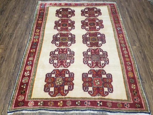 Vintage Persian Gabbeh Rug, Dark Red & Cream, Hand-Knotted, 5' x 6' 4" - Nuvé
