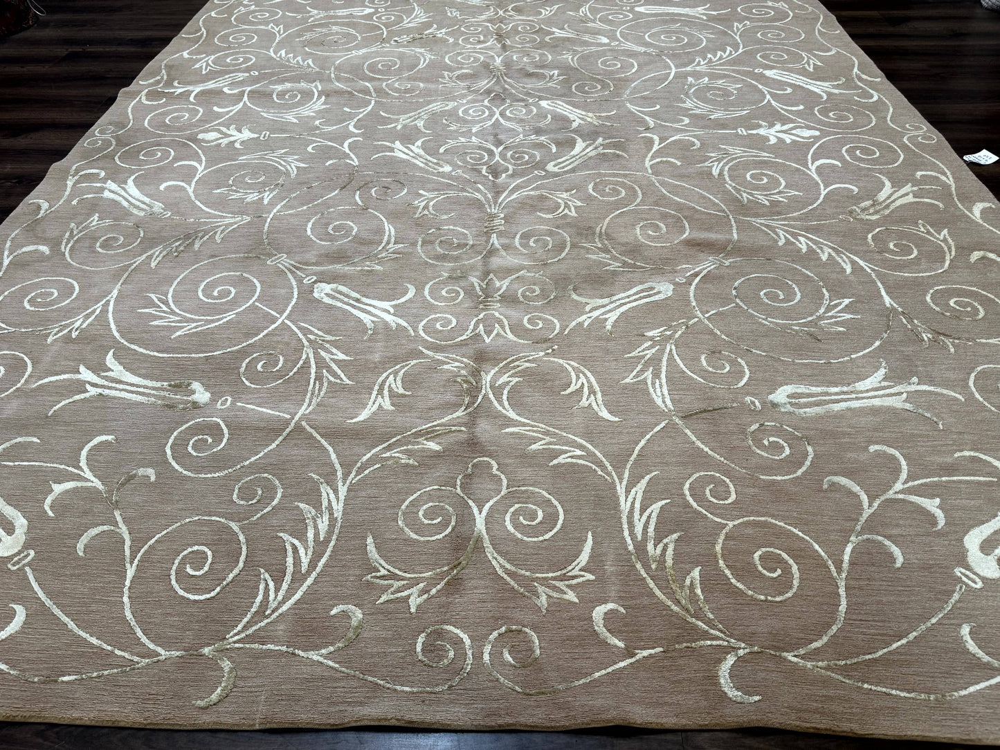 Tibetan Rug 9x12 Wool and Silk Beige Modern Handmade Carpet - Nuvé
