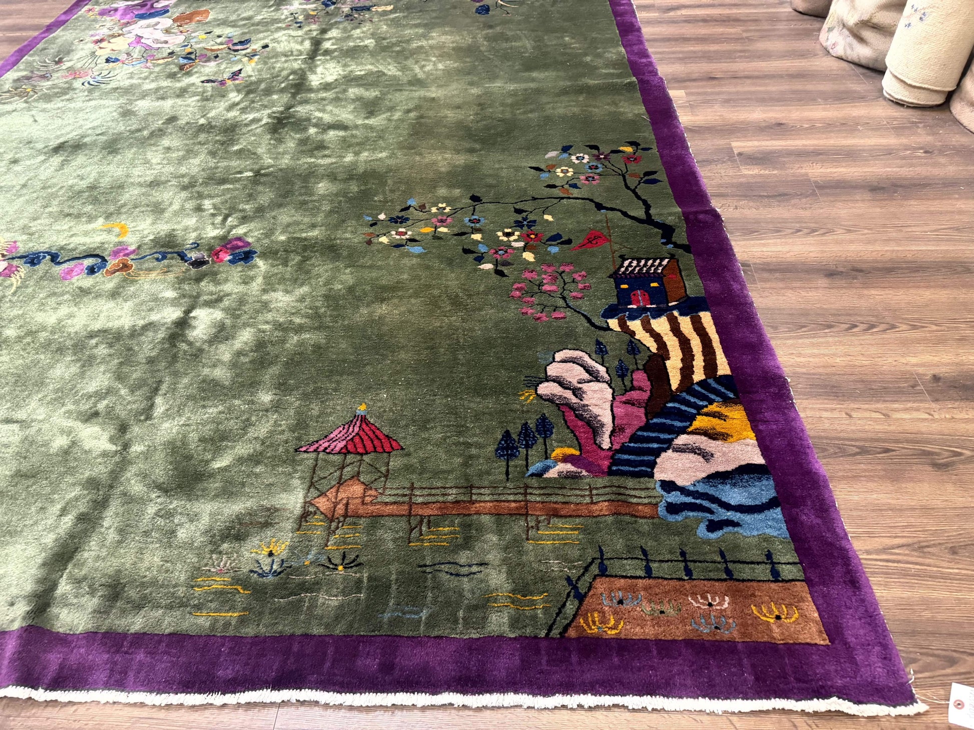 Antique Chinese Nichols Rug 9x12 - Rare Green and Purple Art Deco Carpet - Nuvé