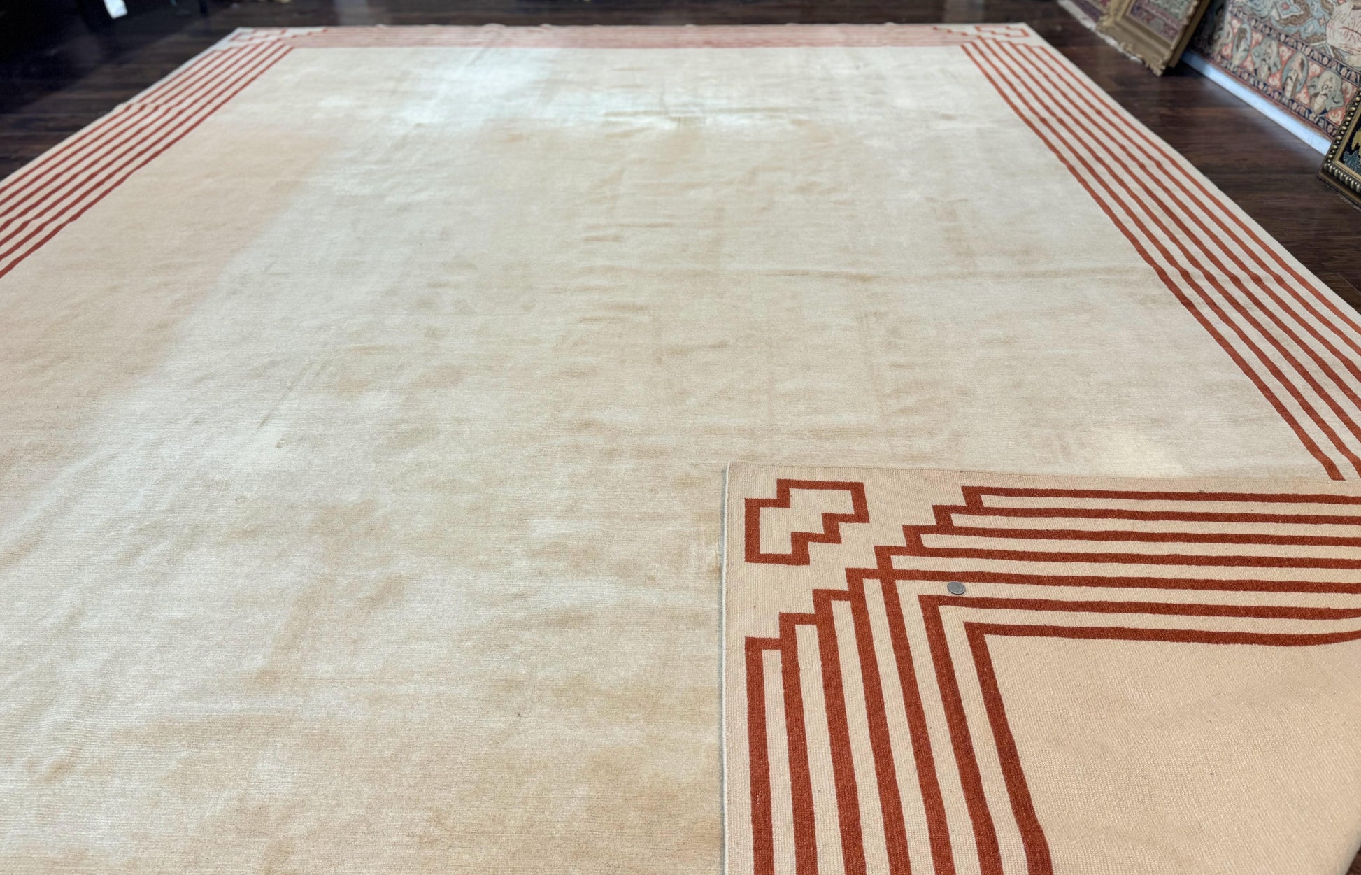 Modern Tibetan Rug 11 x 14.6, Wool and Silk, Simple Design, Handmade Large Area Rug, Cream - Nuvé