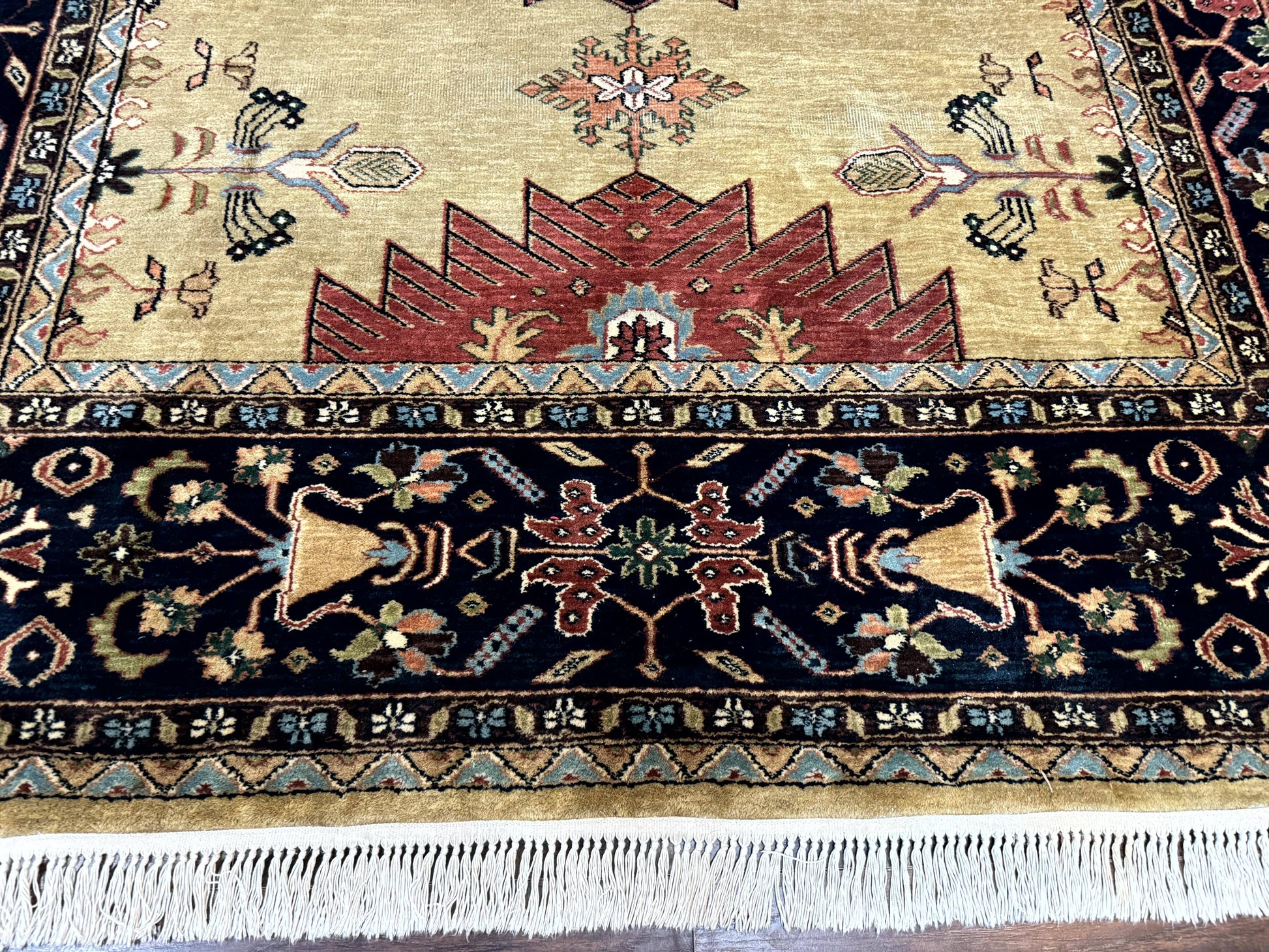 Indo Persian Heriz Rug 8x12, Camel Hair Tan and Navy Blue, Decorative - Nuvé