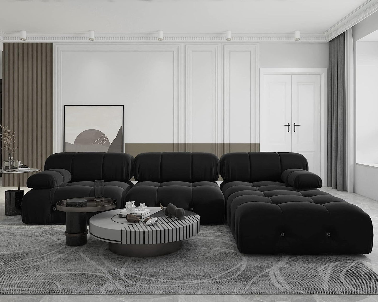 Nuvé® Takumi Velvet Modular Bouclé Cloud Sofa - Black - 3-Seater Sofa with 1 Ottoman - Nuvé
